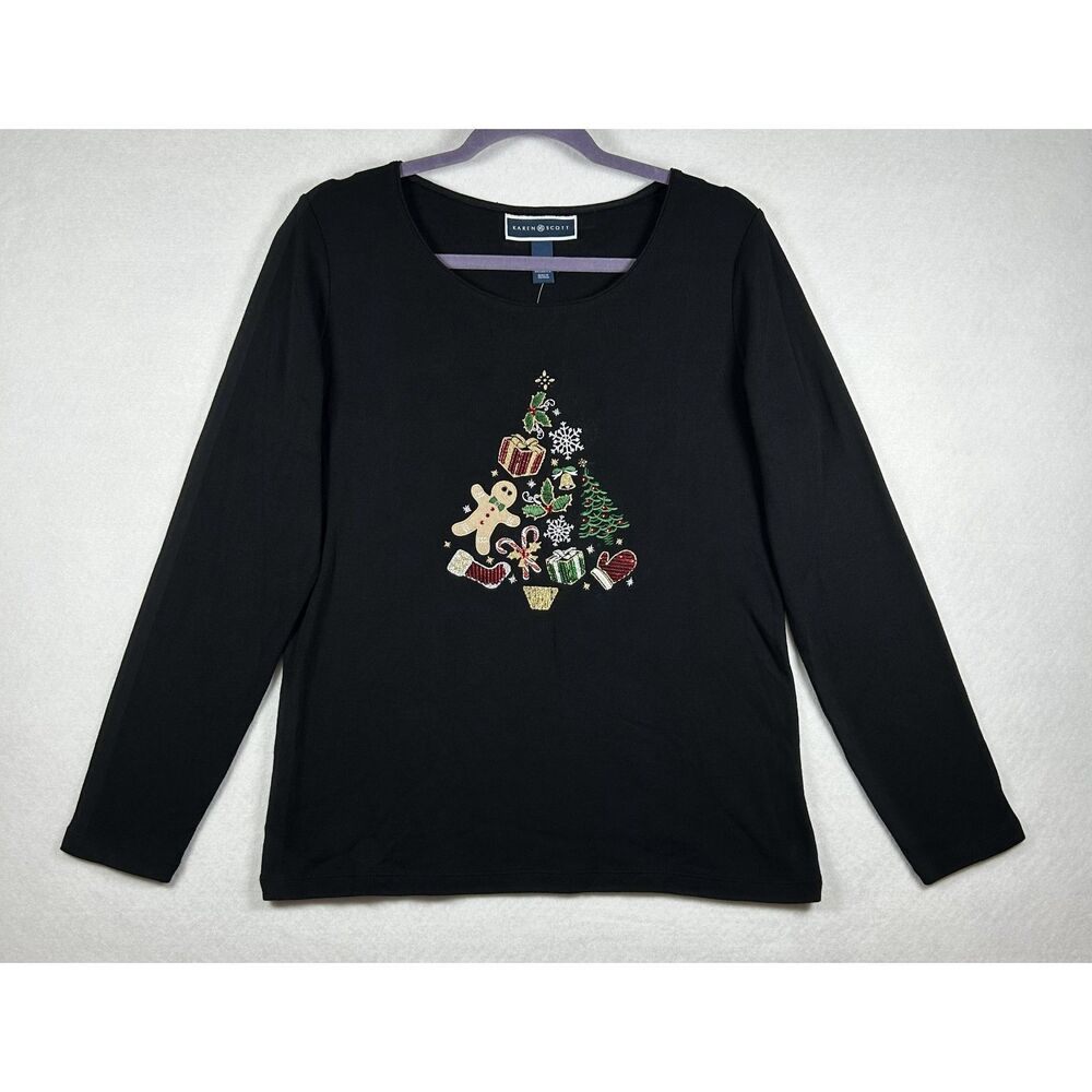 Karen Scott Christmas Tree Embroidered Long Sleeve Tee Black Medium NWT